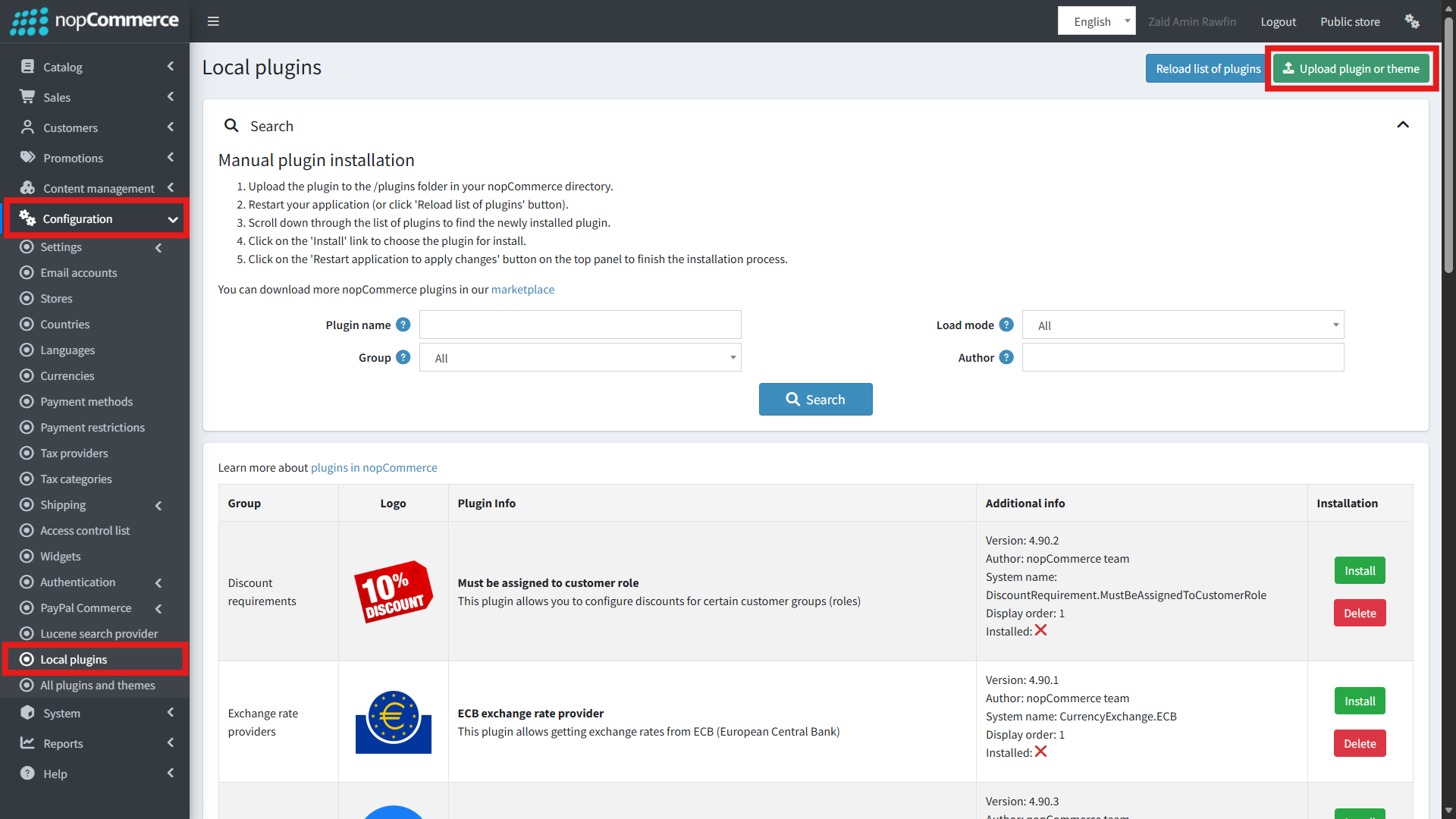 Local plugins page with upload button