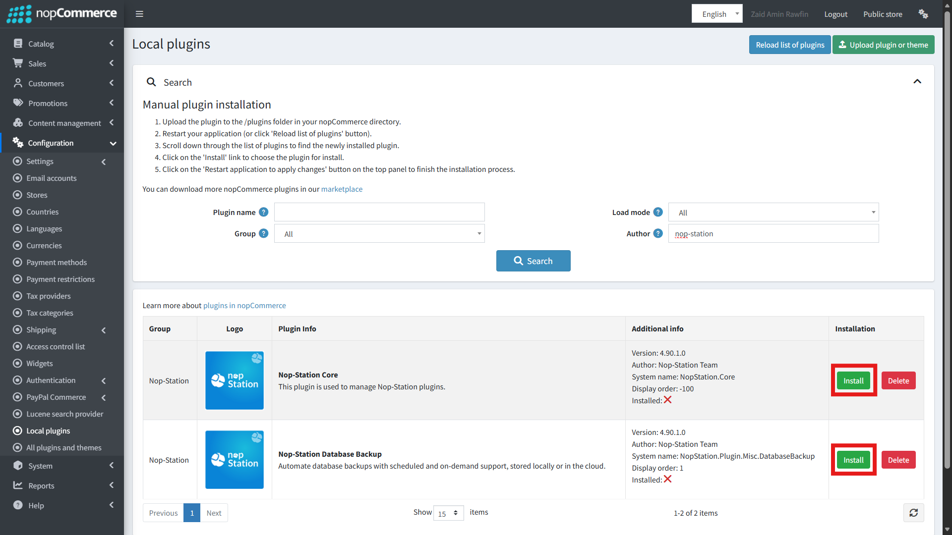 Installing the plugin from the list