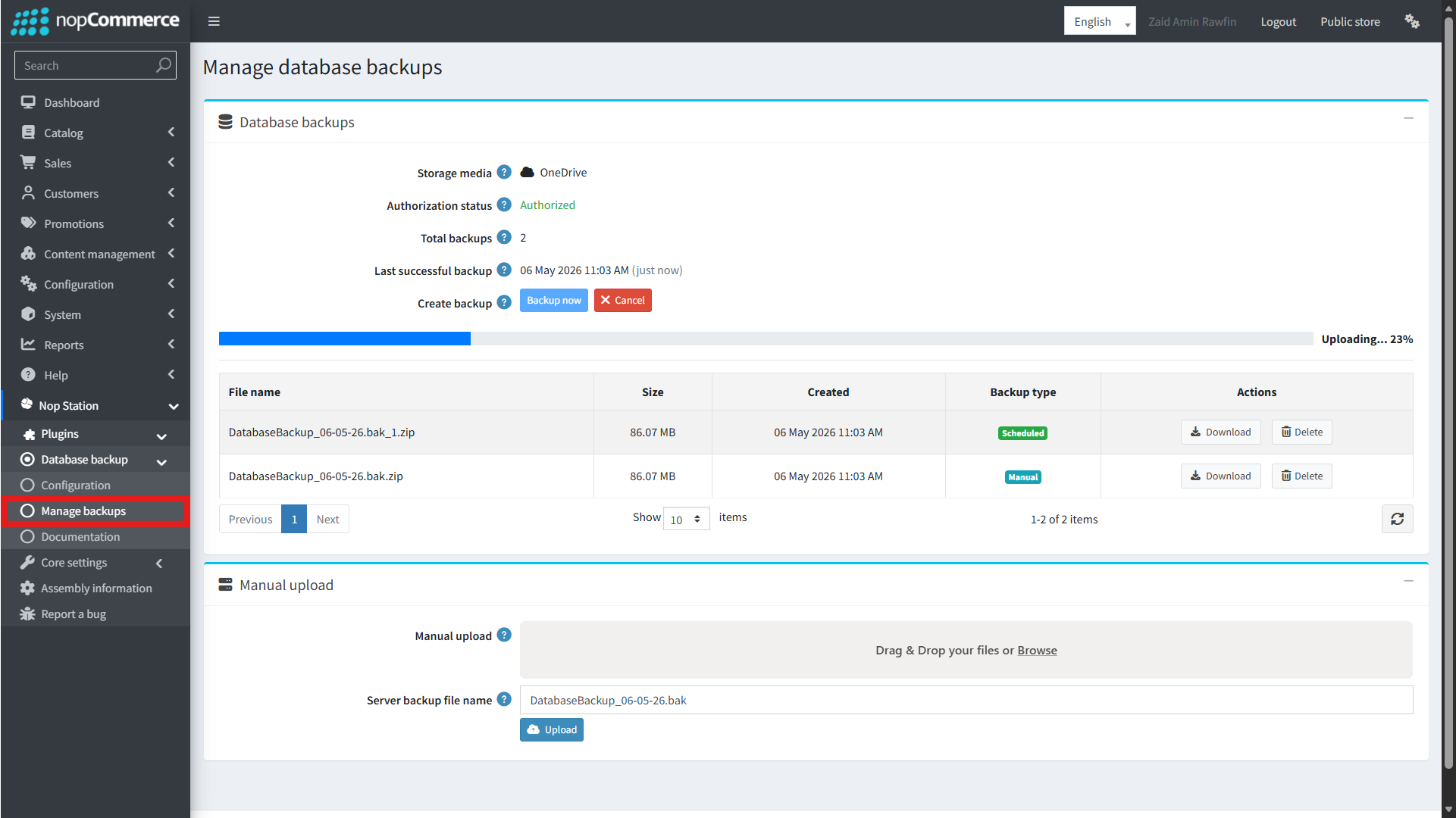 Manage backups page