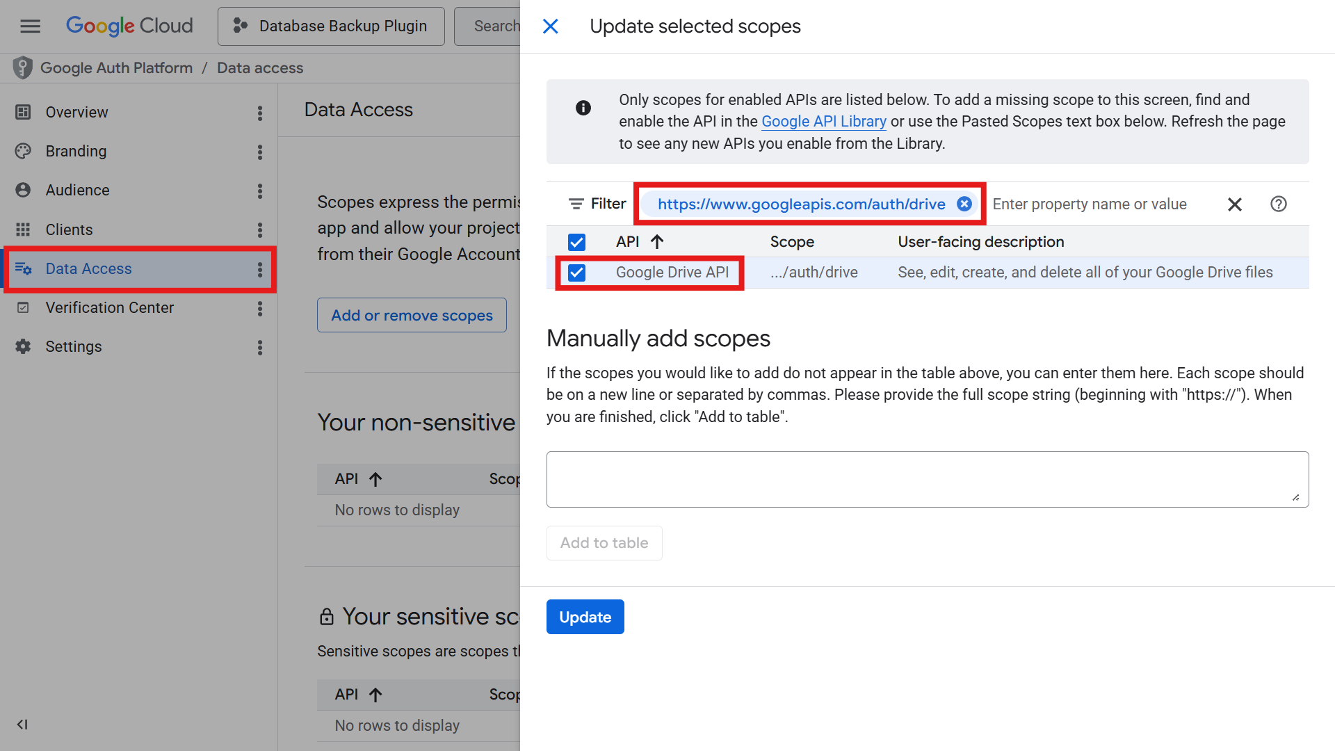 Enabling auth/drive scope