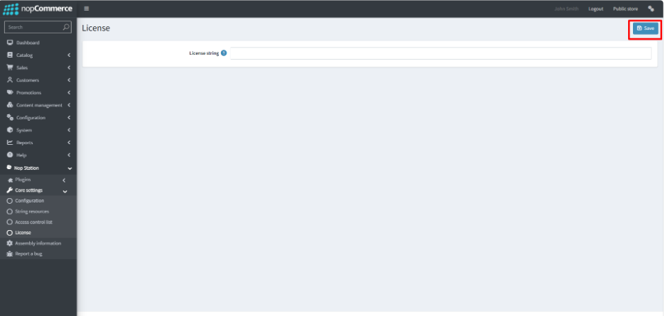 License configuration screen