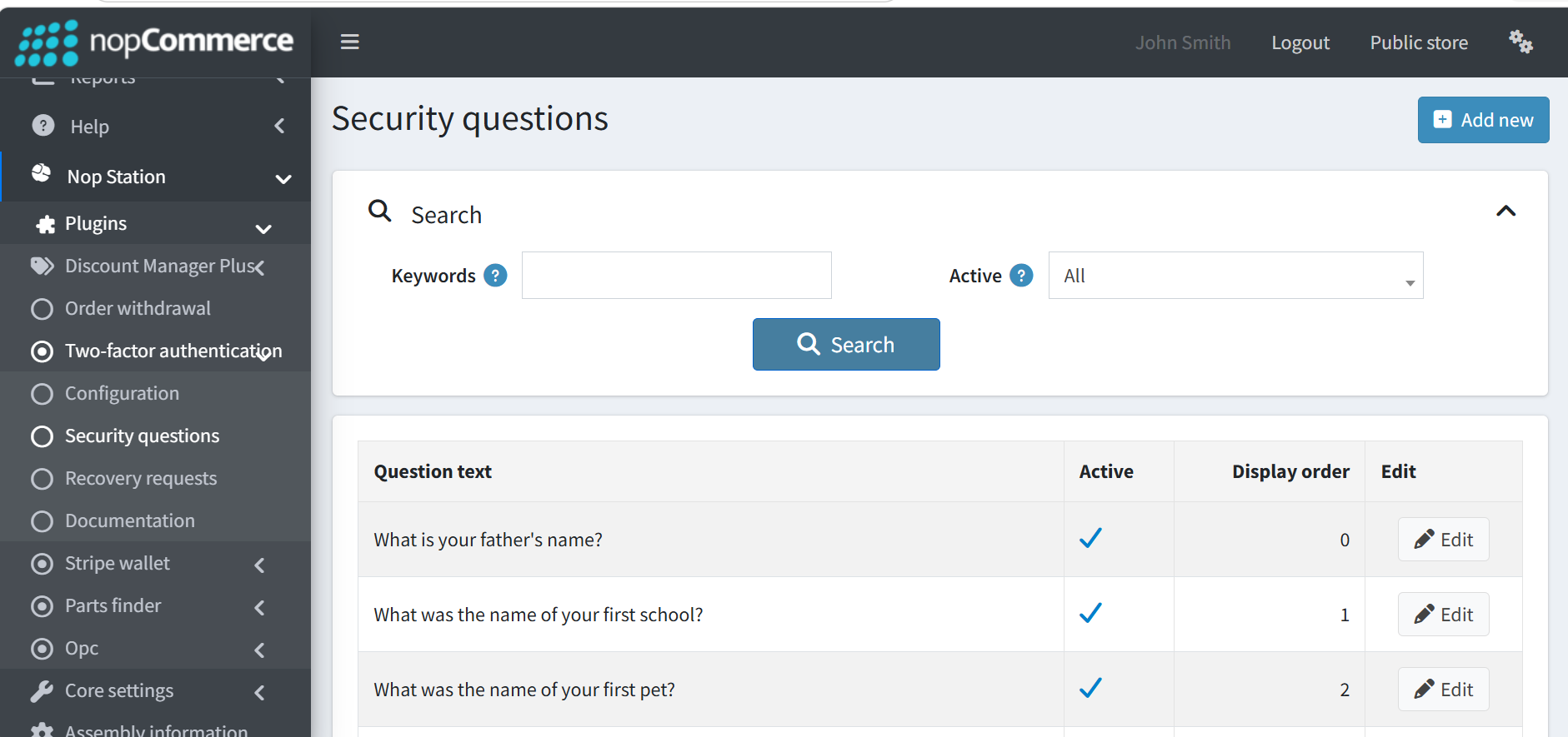 Security questions management screen