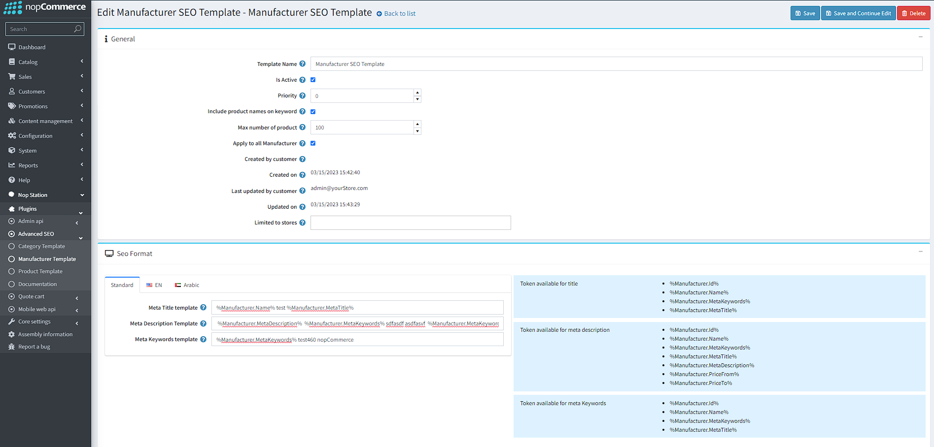 Setting up a Manufacturer template