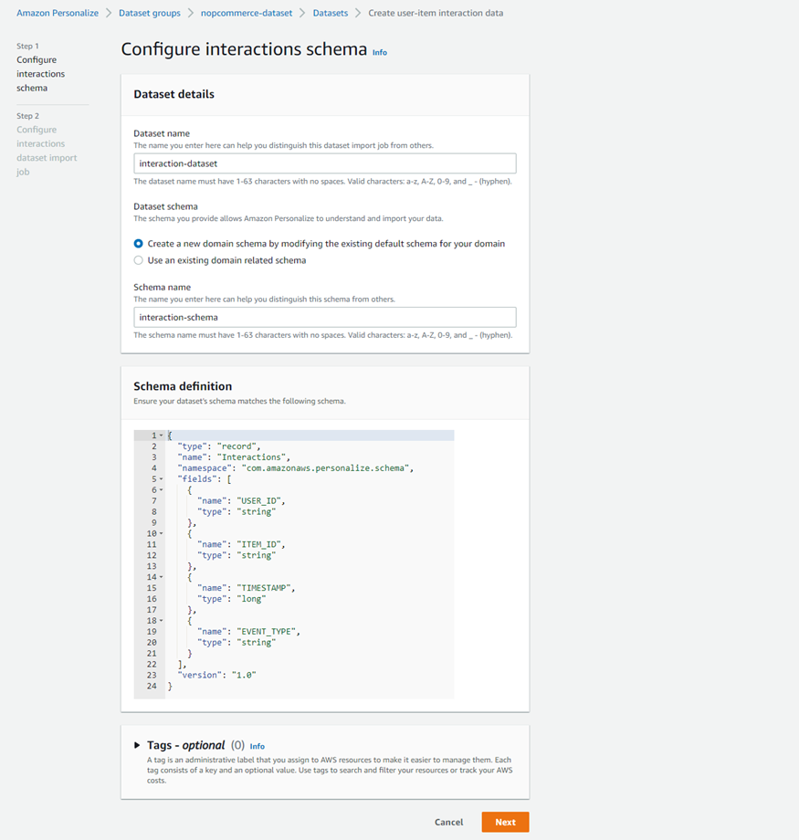 amazon-personalize-configure-interections-schema