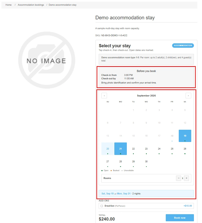Demo accommodation stay product page