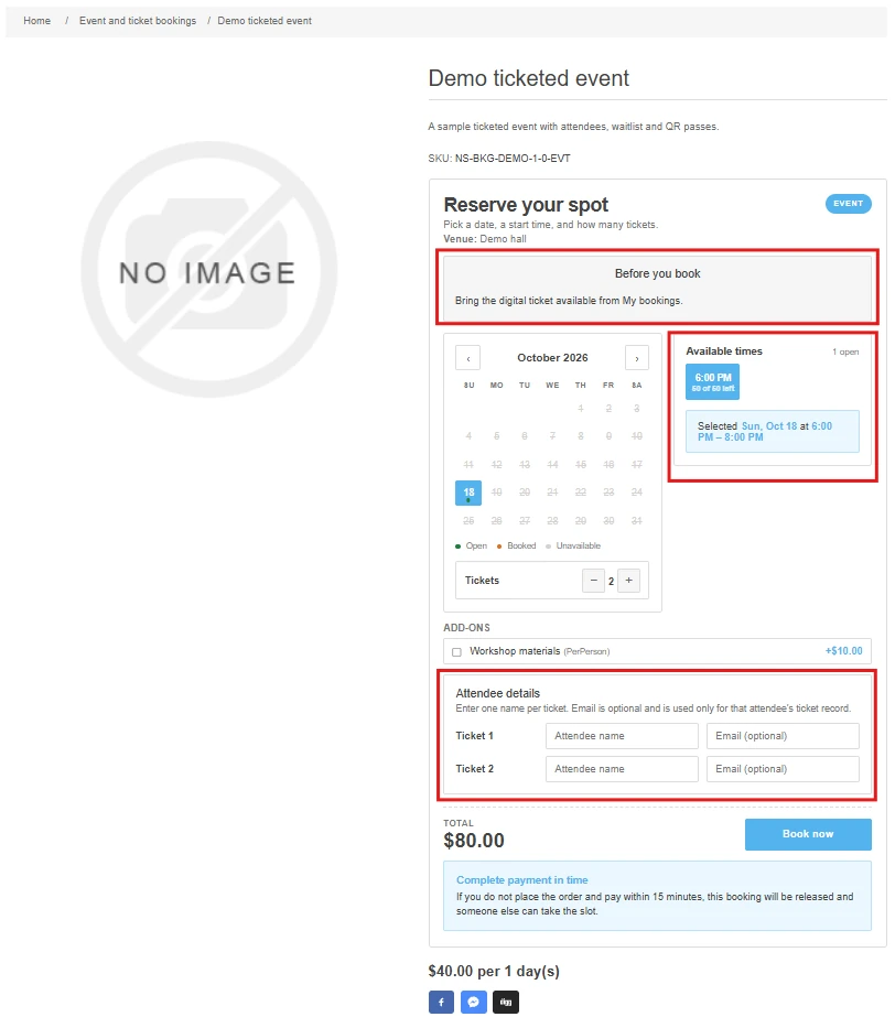 Demo ticketed event product page
