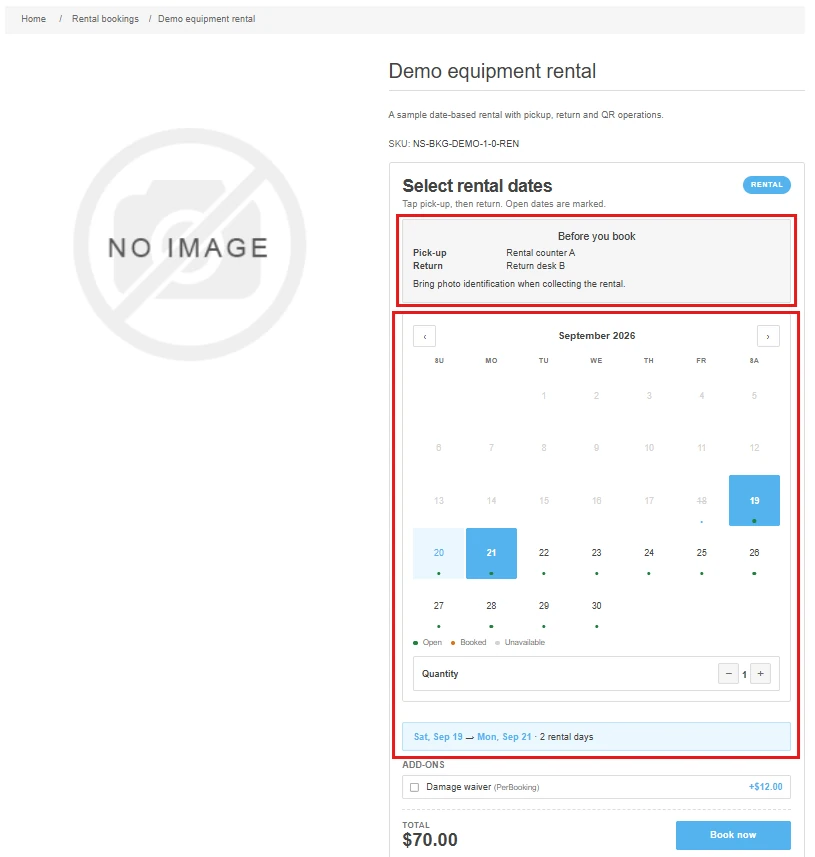 Demo equipment rental product page