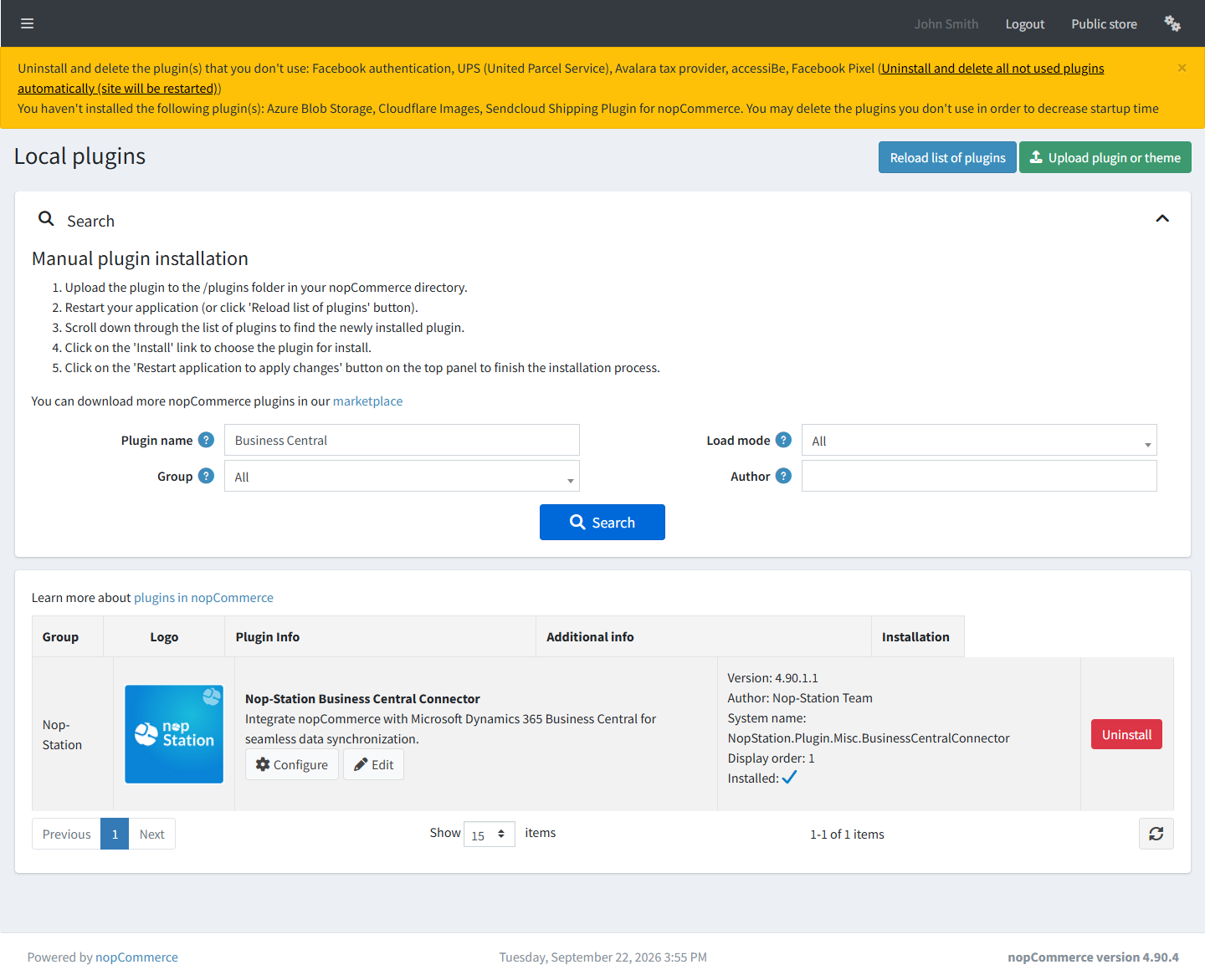 Business Central Connector on the nopCommerce Local plugins page