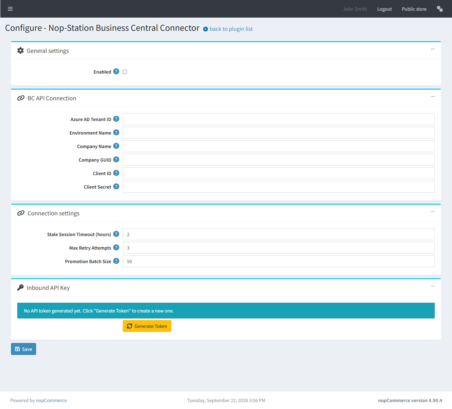 Business Central Connector configuration page