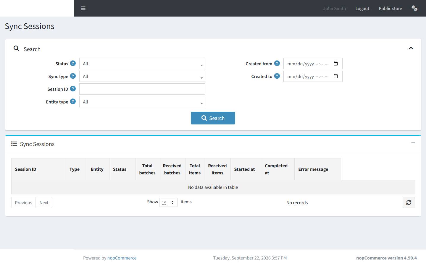 Business Central Connector Sync Sessions page