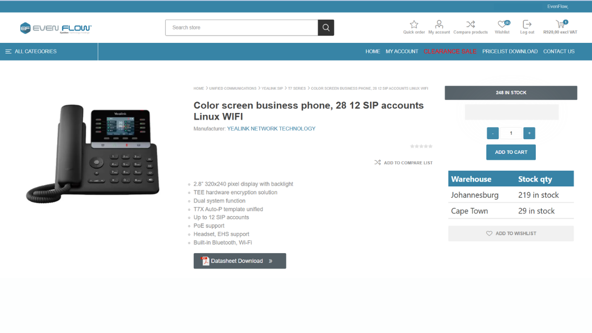 Logged-in product page with per-warehouse stock table