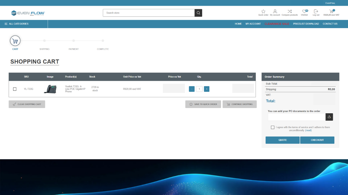 Cart with exclusive-of-VAT totals and PO document upload