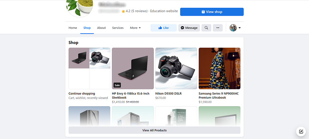 Facebook shop tab view