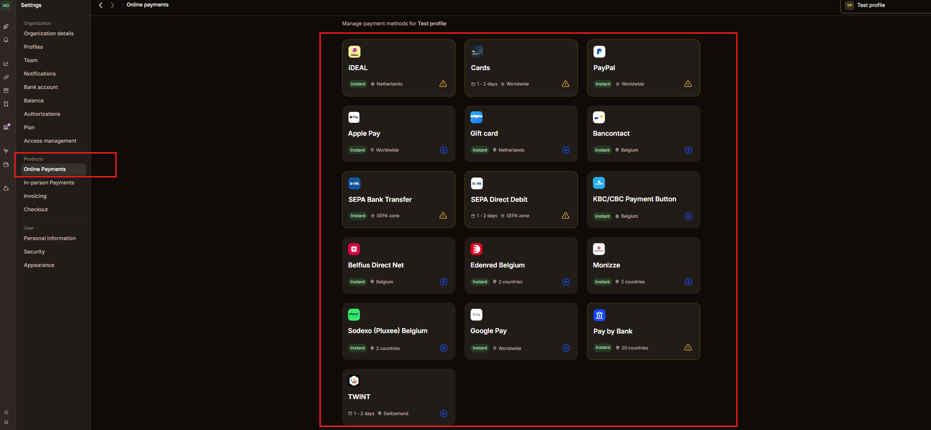 Mollie Dashboard Methods