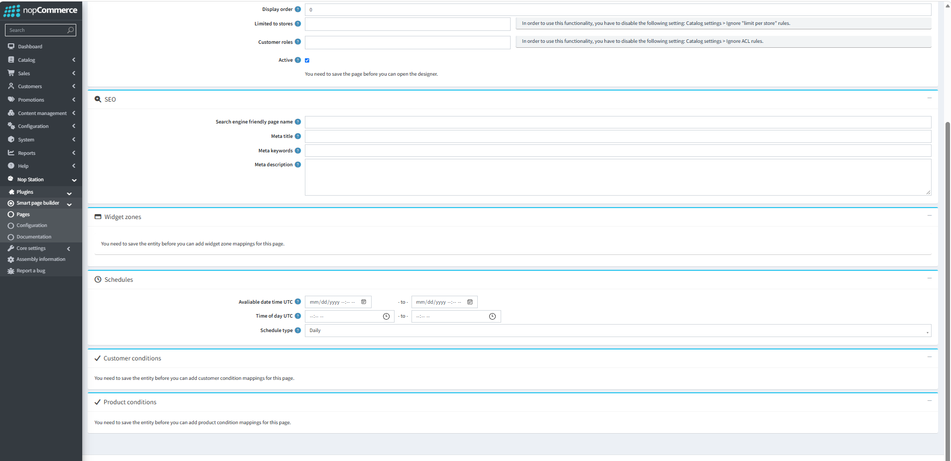 SEO, Widget Zones, Schedules, Conditions tabs