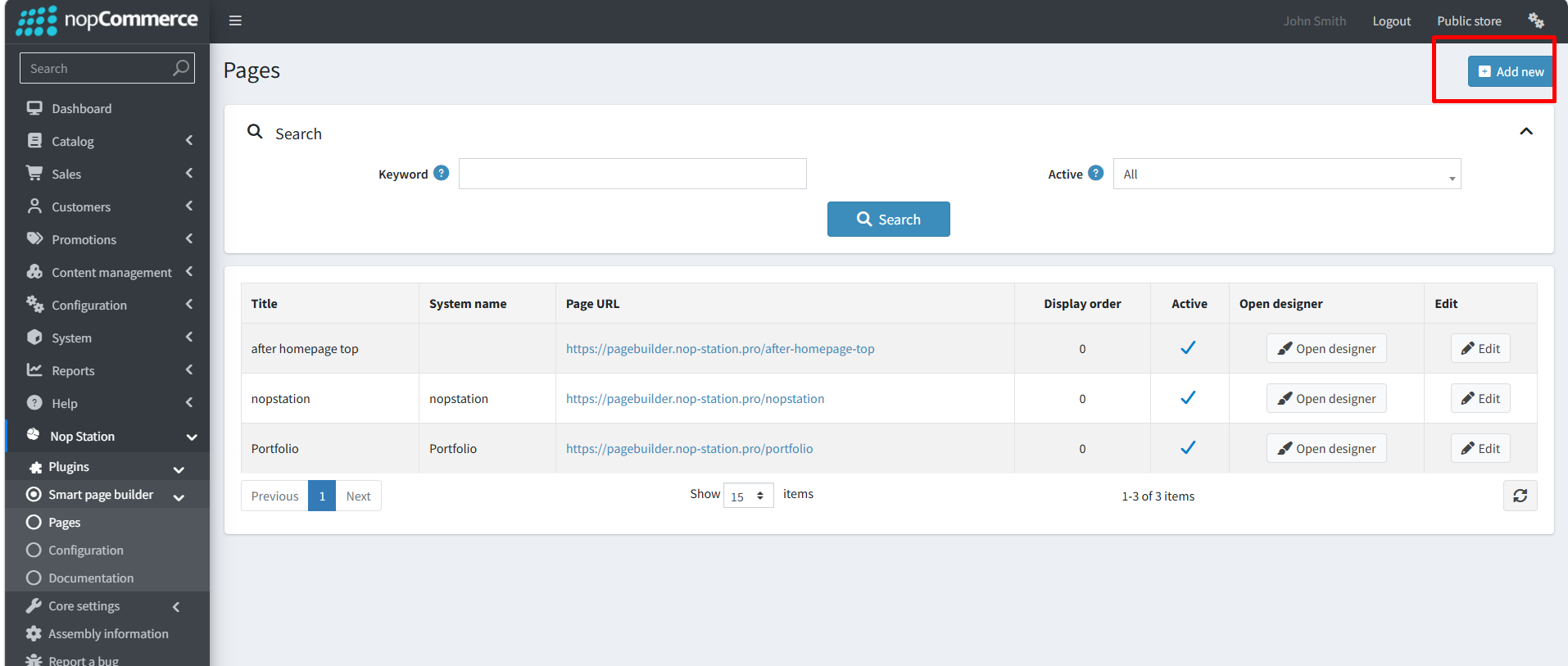 Add new page menu