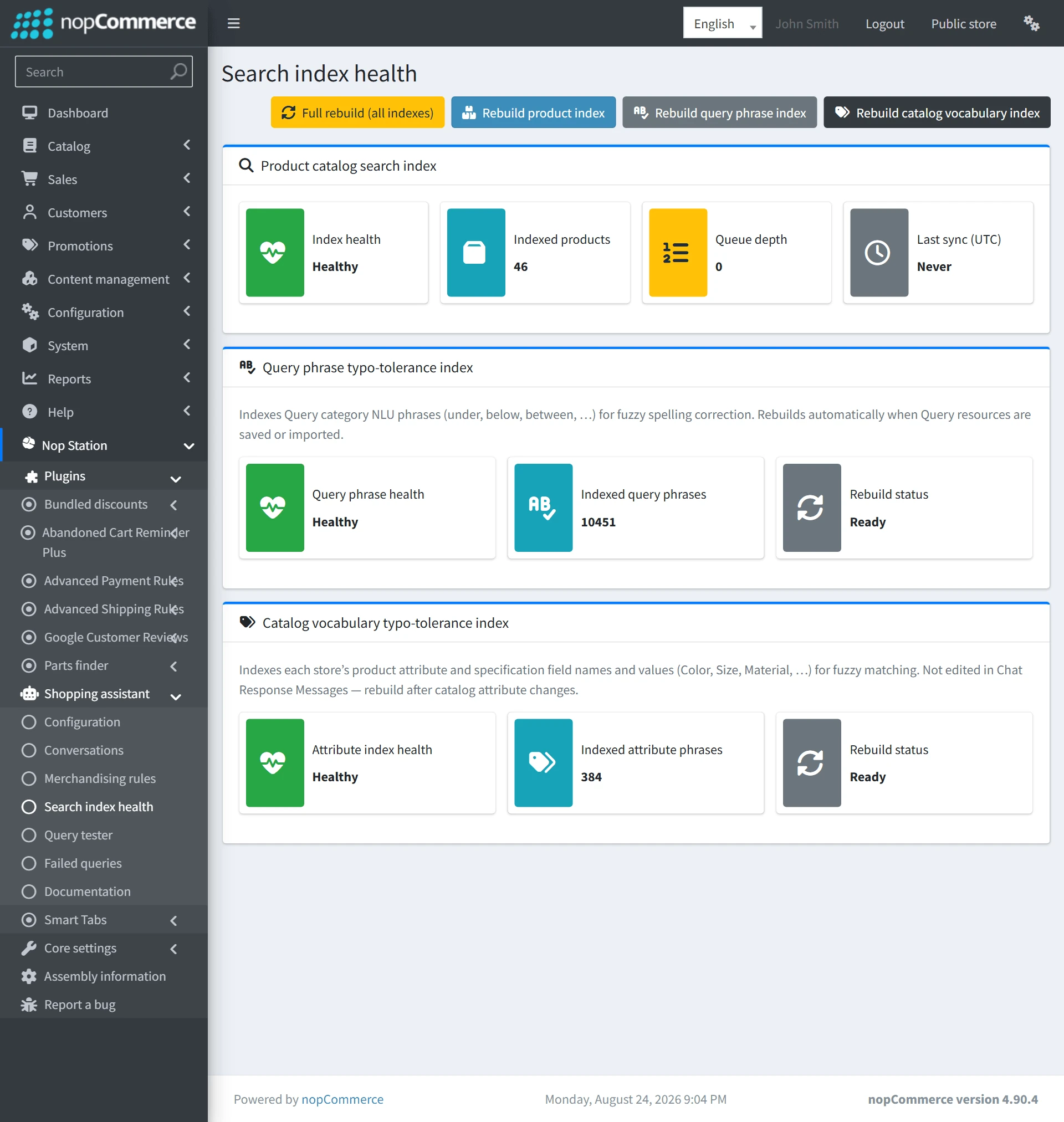 Search index health screen