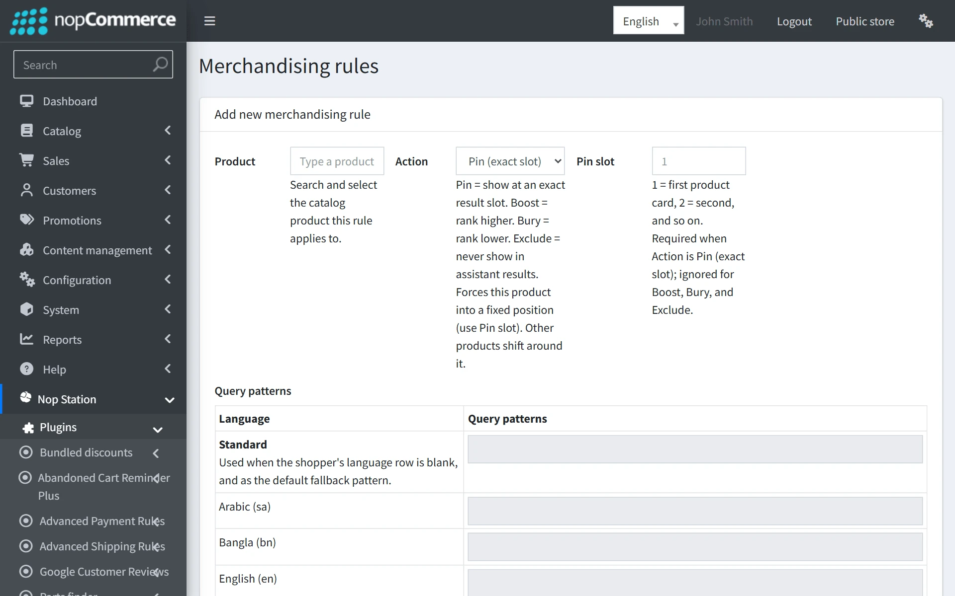 Merchandising rules configuration