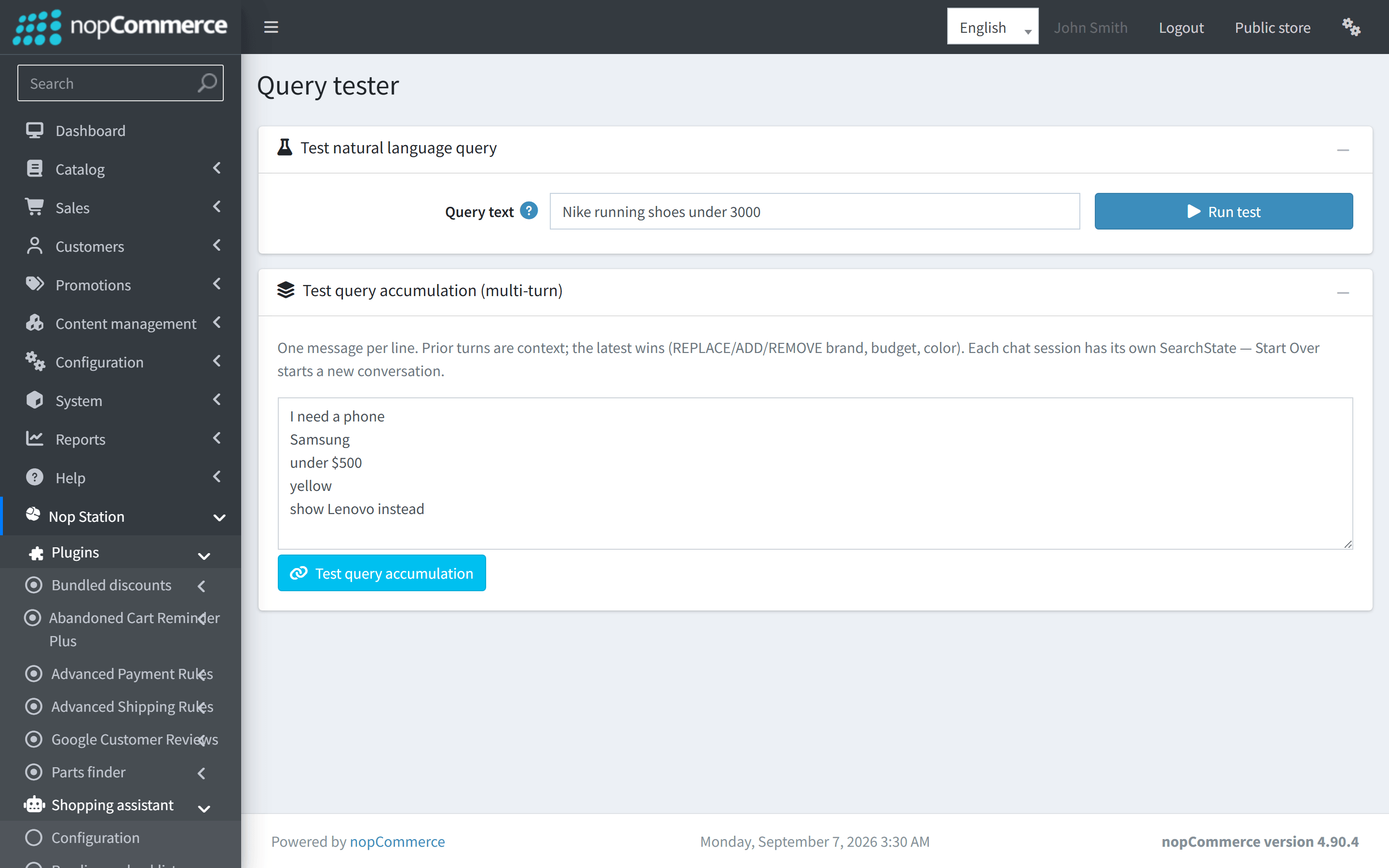 Query tester interface