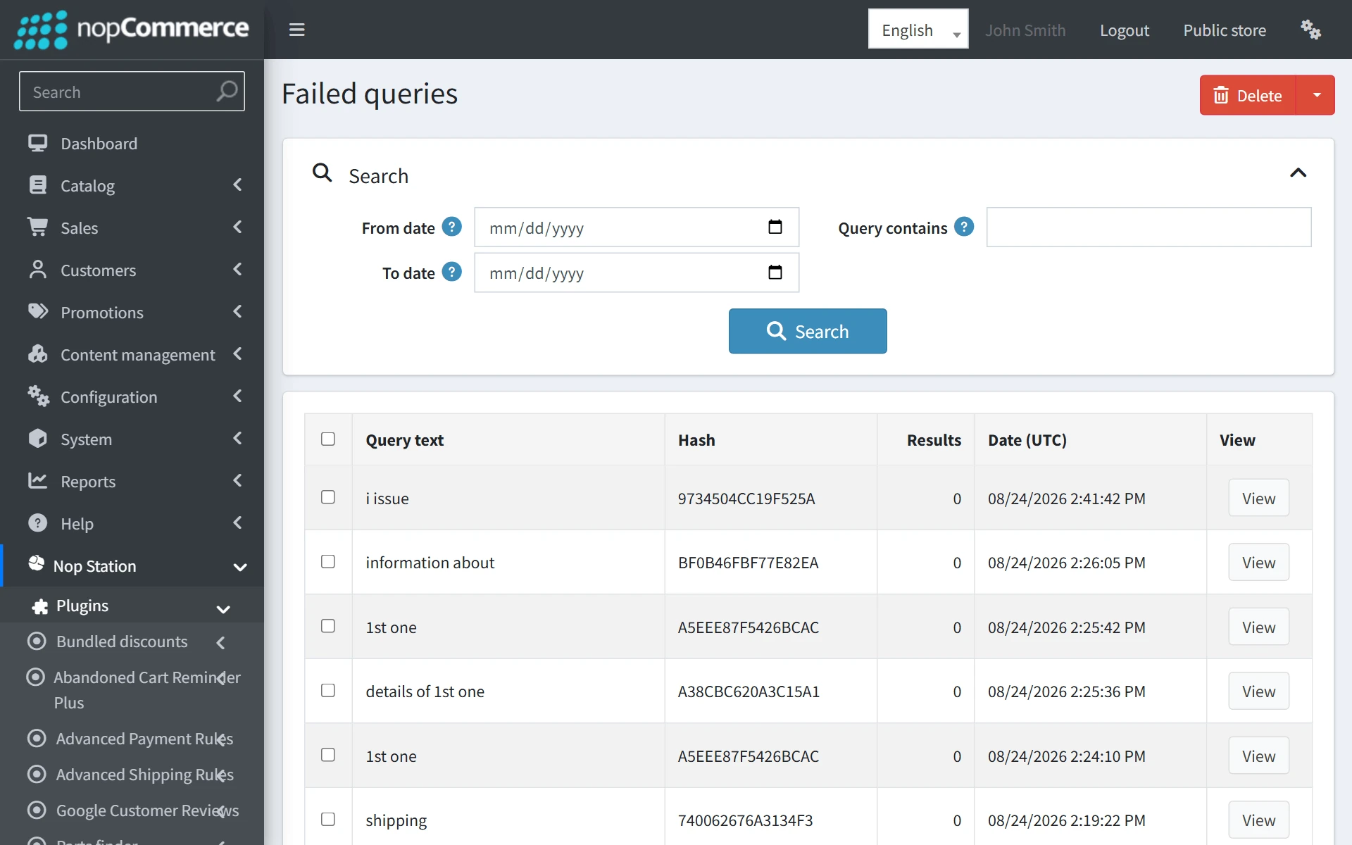 Failed queries list