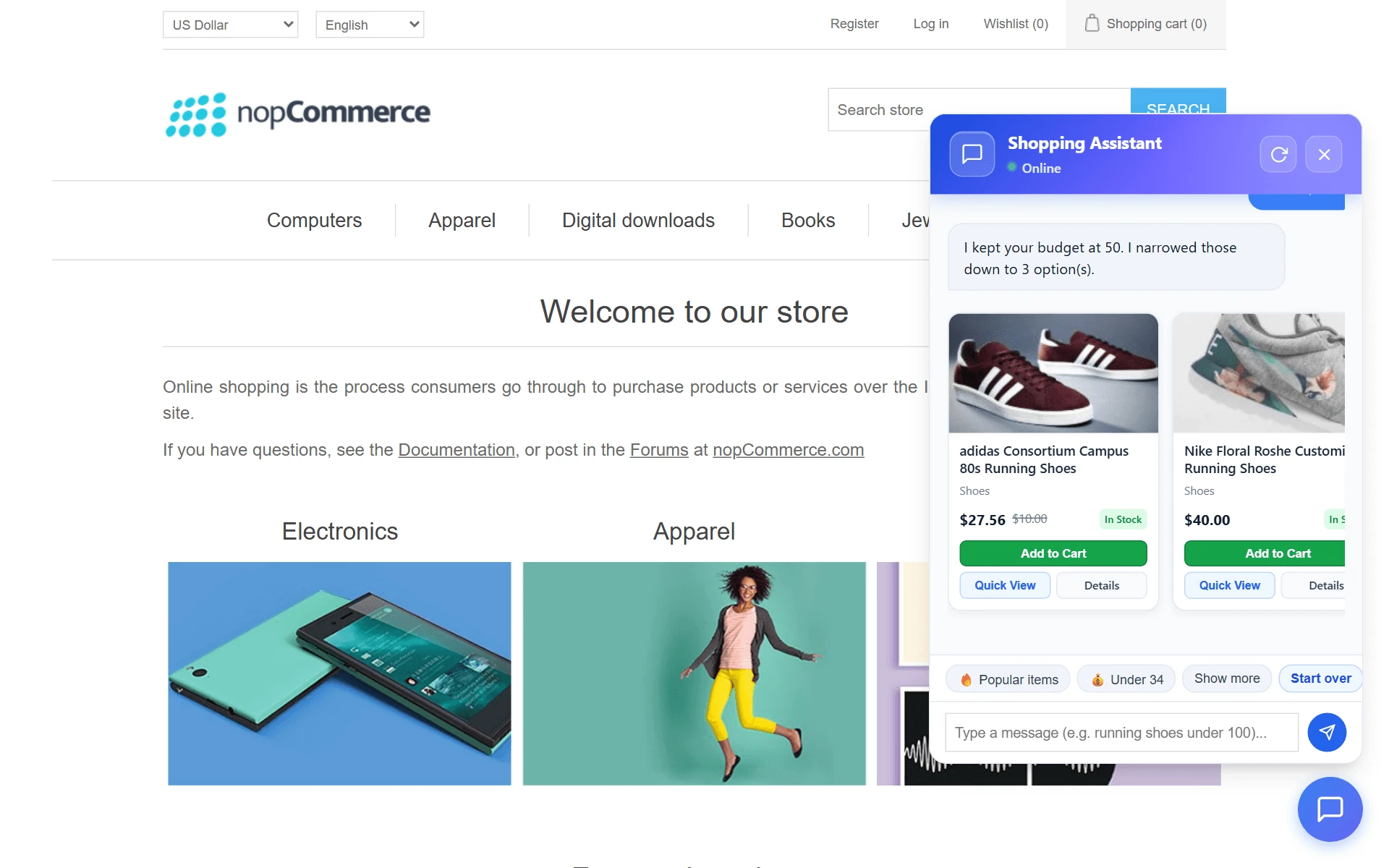 Product search results in chat
