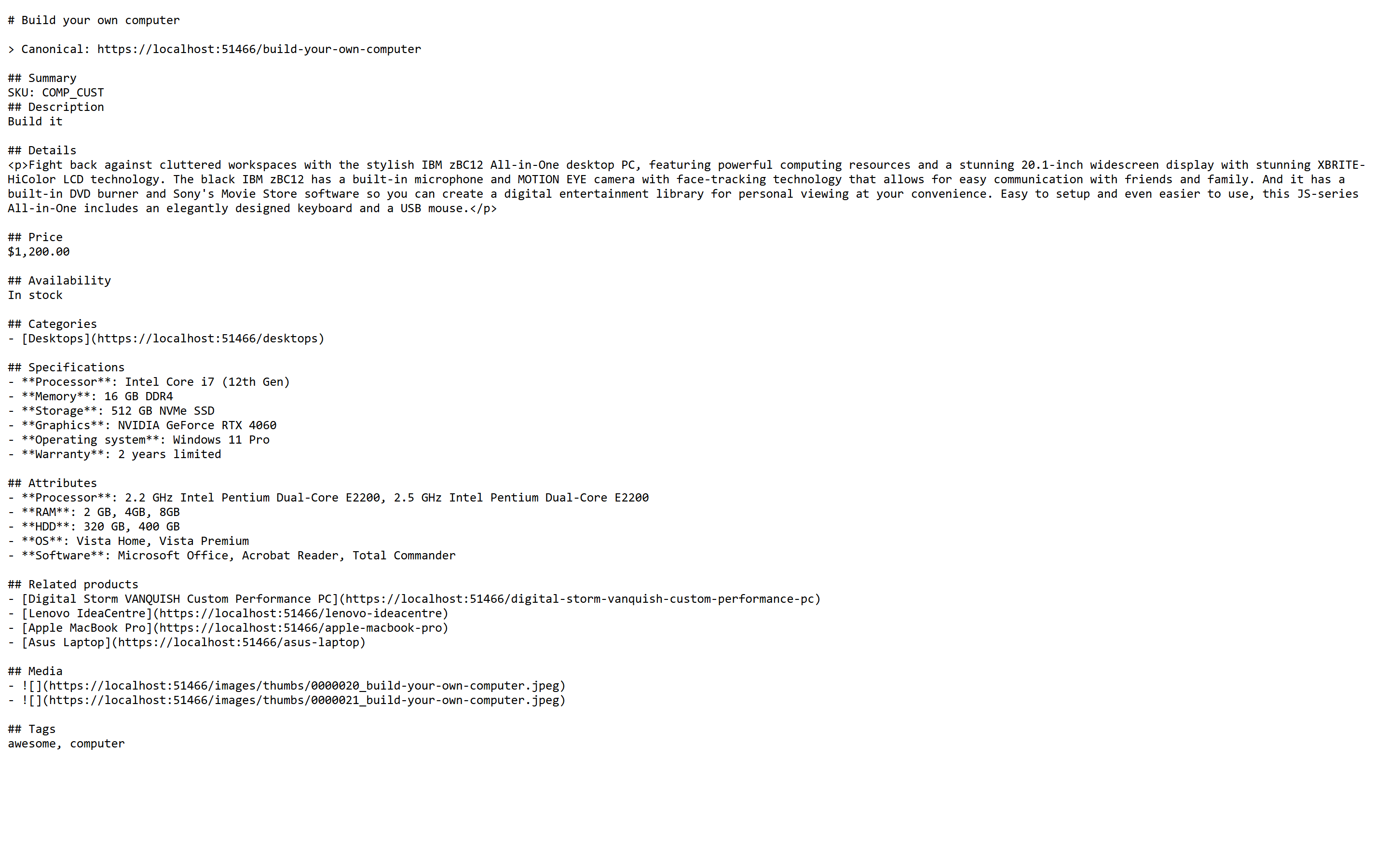 Dedicated Product Markdown Output