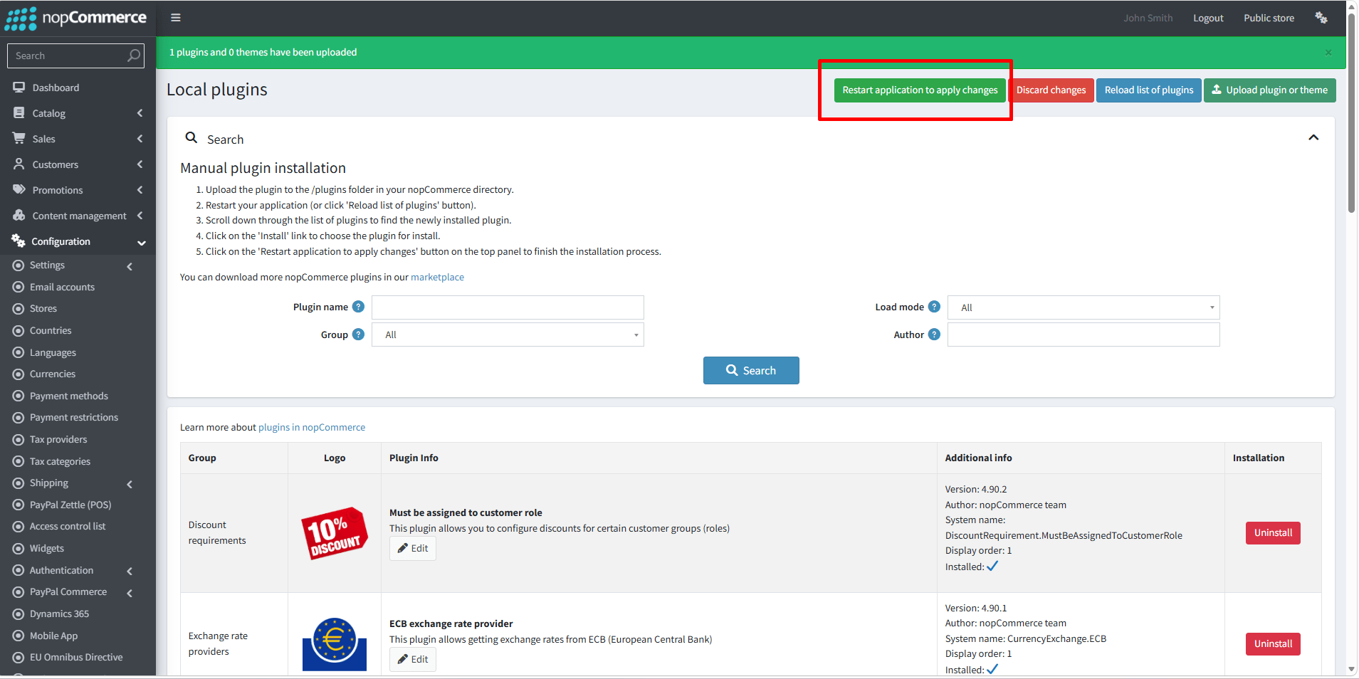 Restart application to apply changes