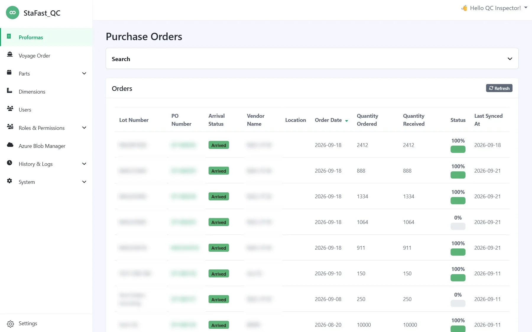 Stafast QC Management purchase order list with arrival status and inspection progress
