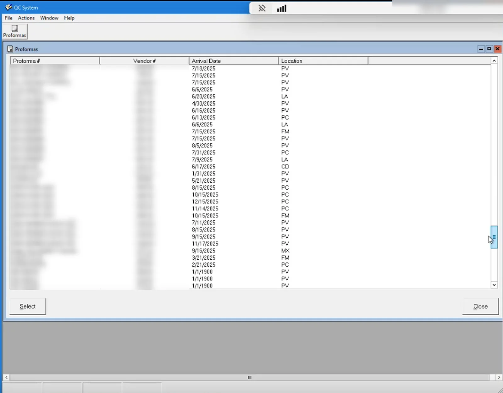 Legacy QC System proforma list