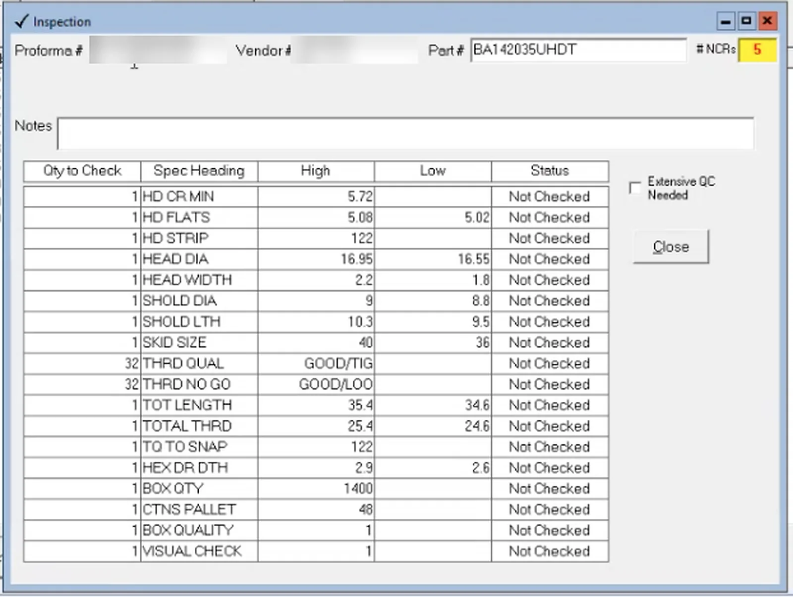 Legacy QC System inspection window