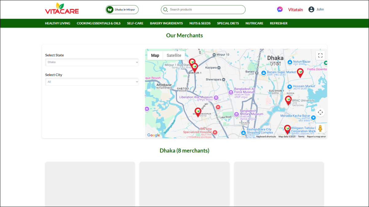 Store locator showing merchant warehouses 