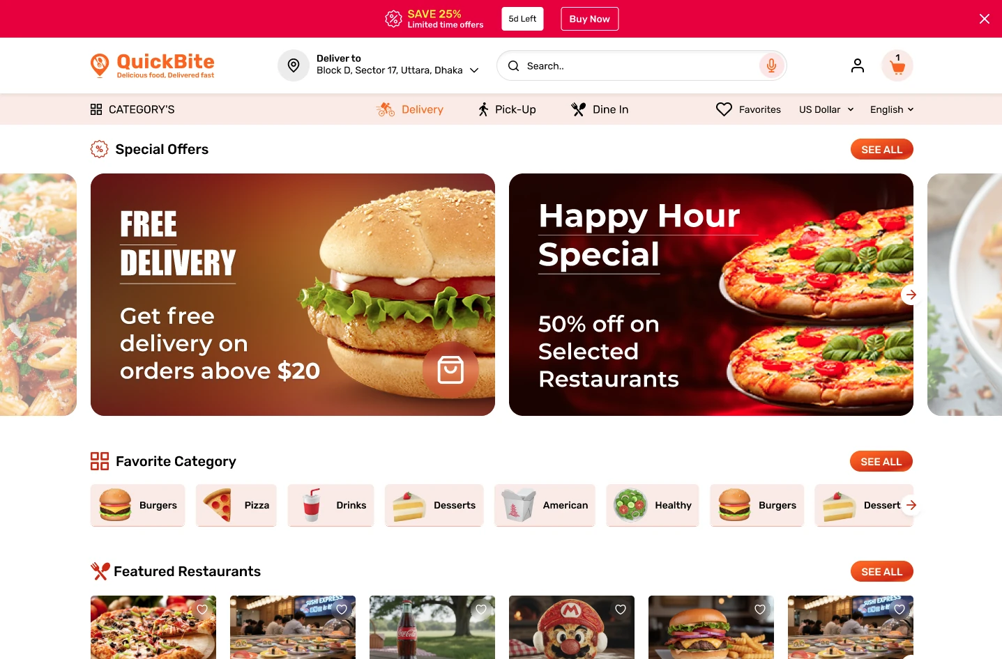 QuickBite storefront home page showing serving types, offers and featured restaurants