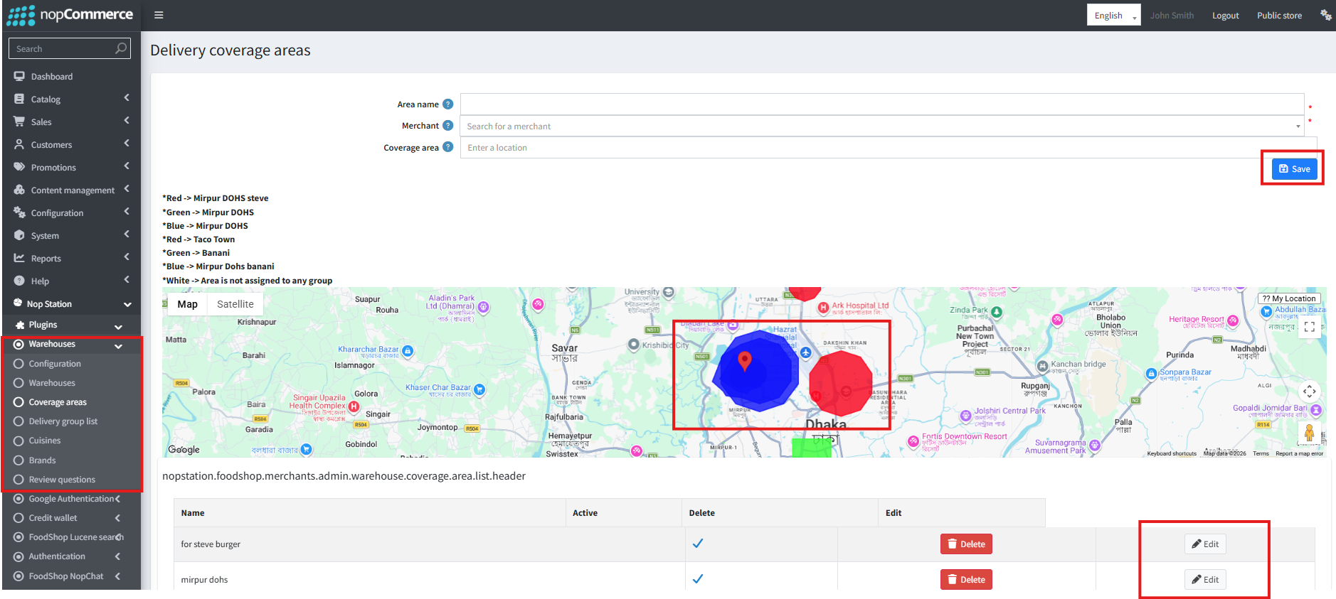Delivery coverage areas admin screen with zone polygons on the map