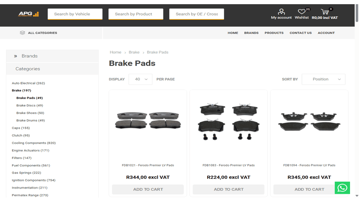 Brake pads listing with dealer pricing excl. VAT Brake pads listing with dealer pricing excl. VAT