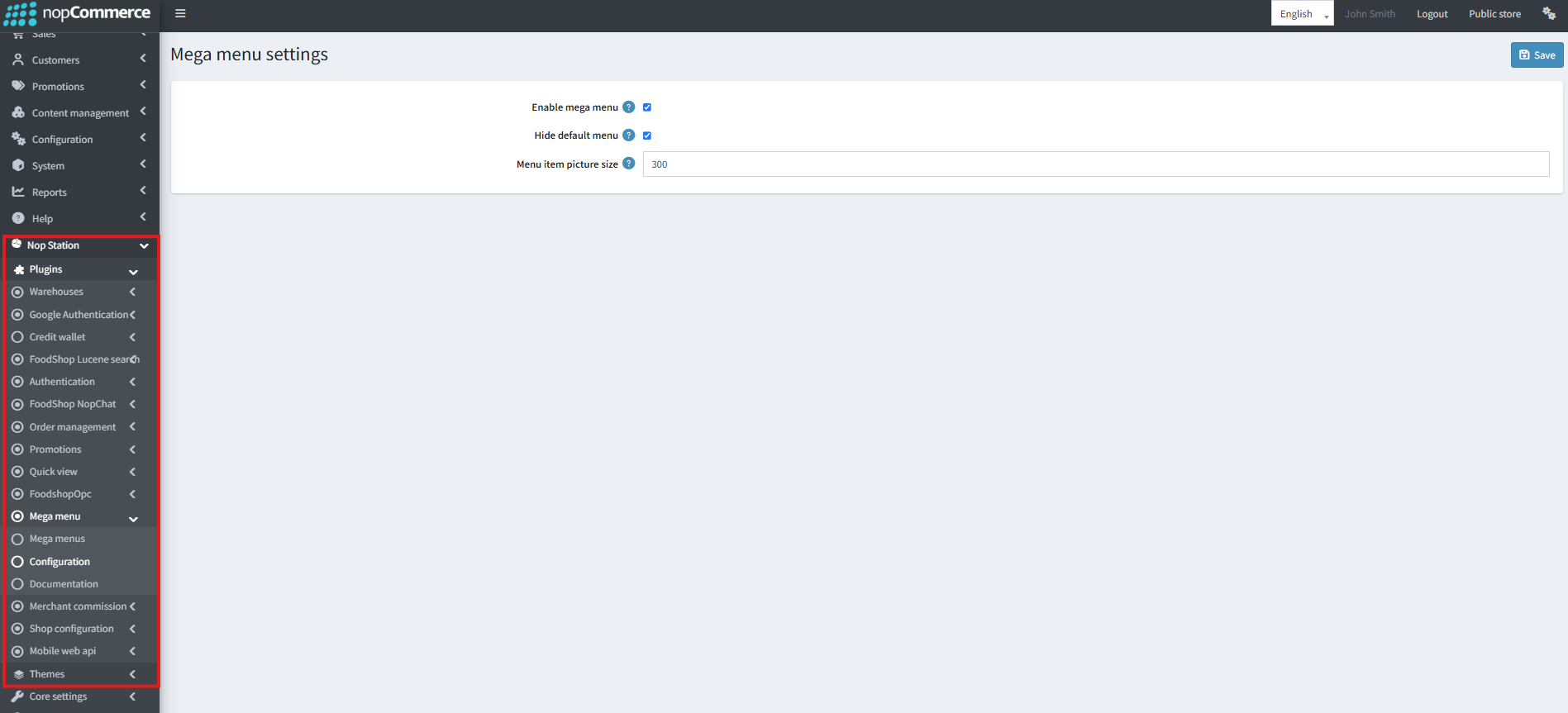 Mega menu settings admin screen