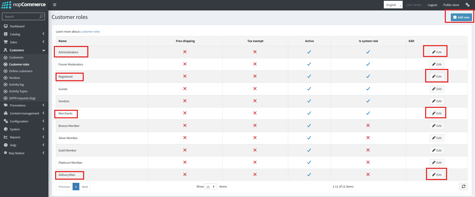 nopCommerce Customer roles list including Merchants and DeliveryMan