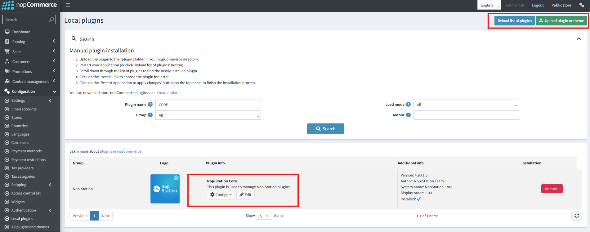 Local plugins admin screen with Nop-Station Core plugin