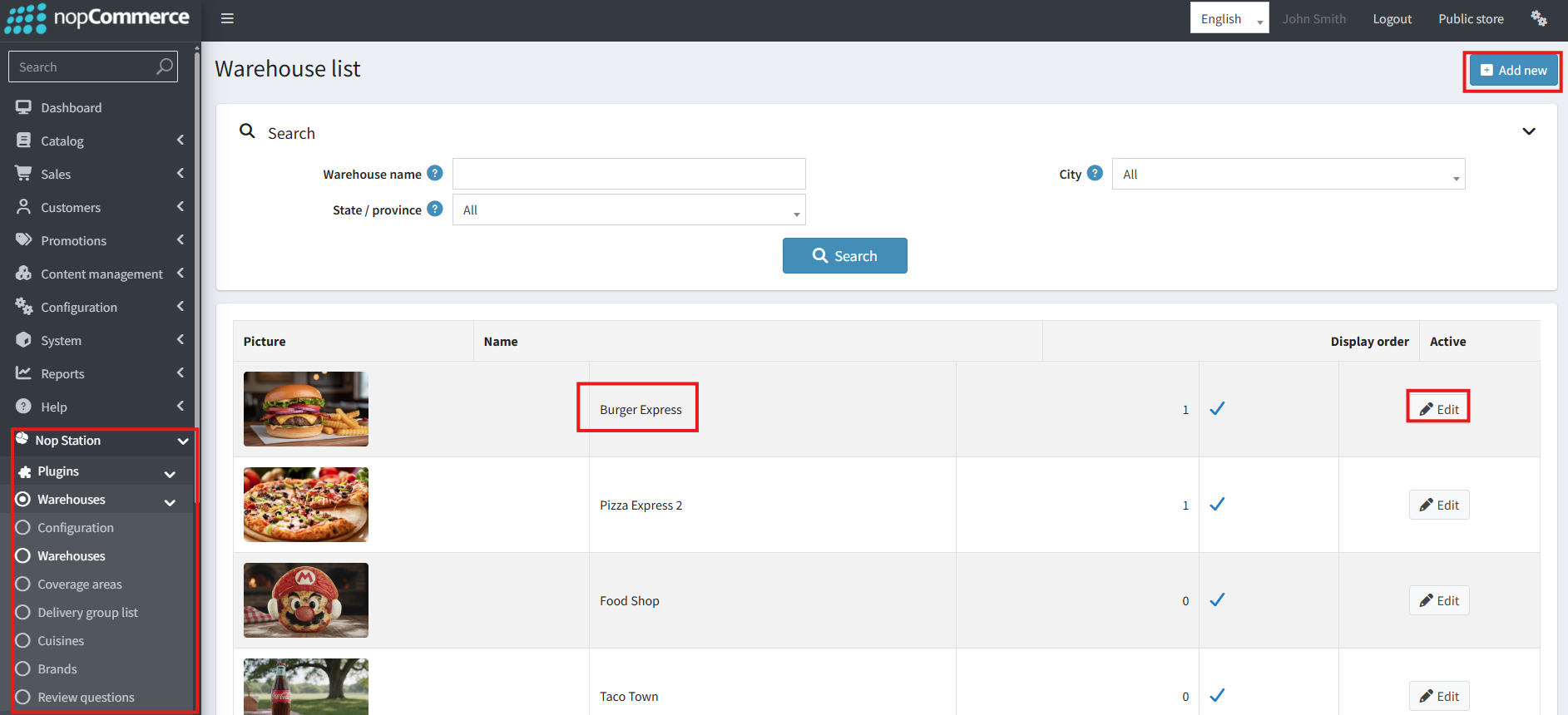 Warehouse list admin screen with restaurant warehouses