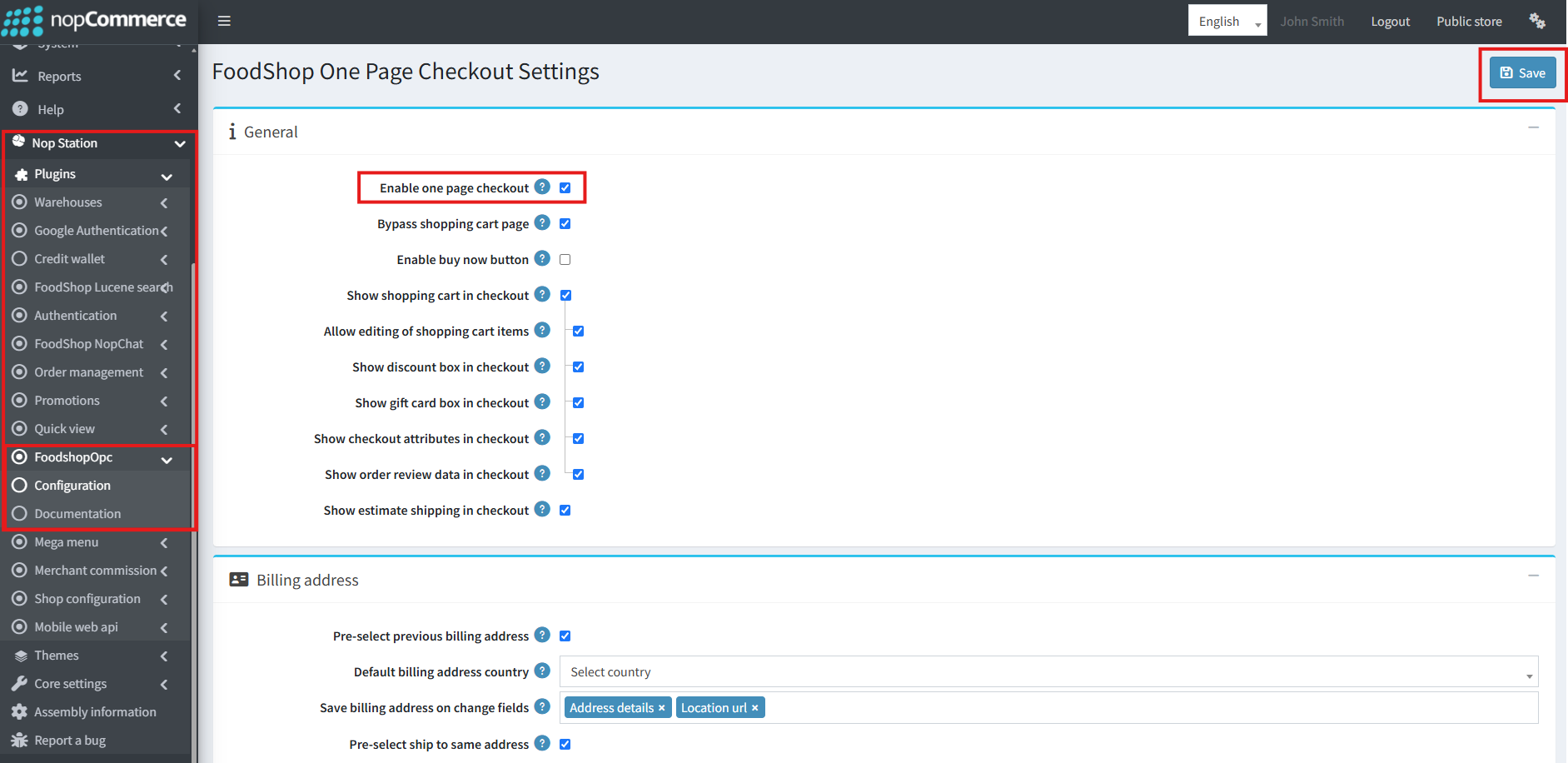 FoodShop One Page Checkout settings admin screen