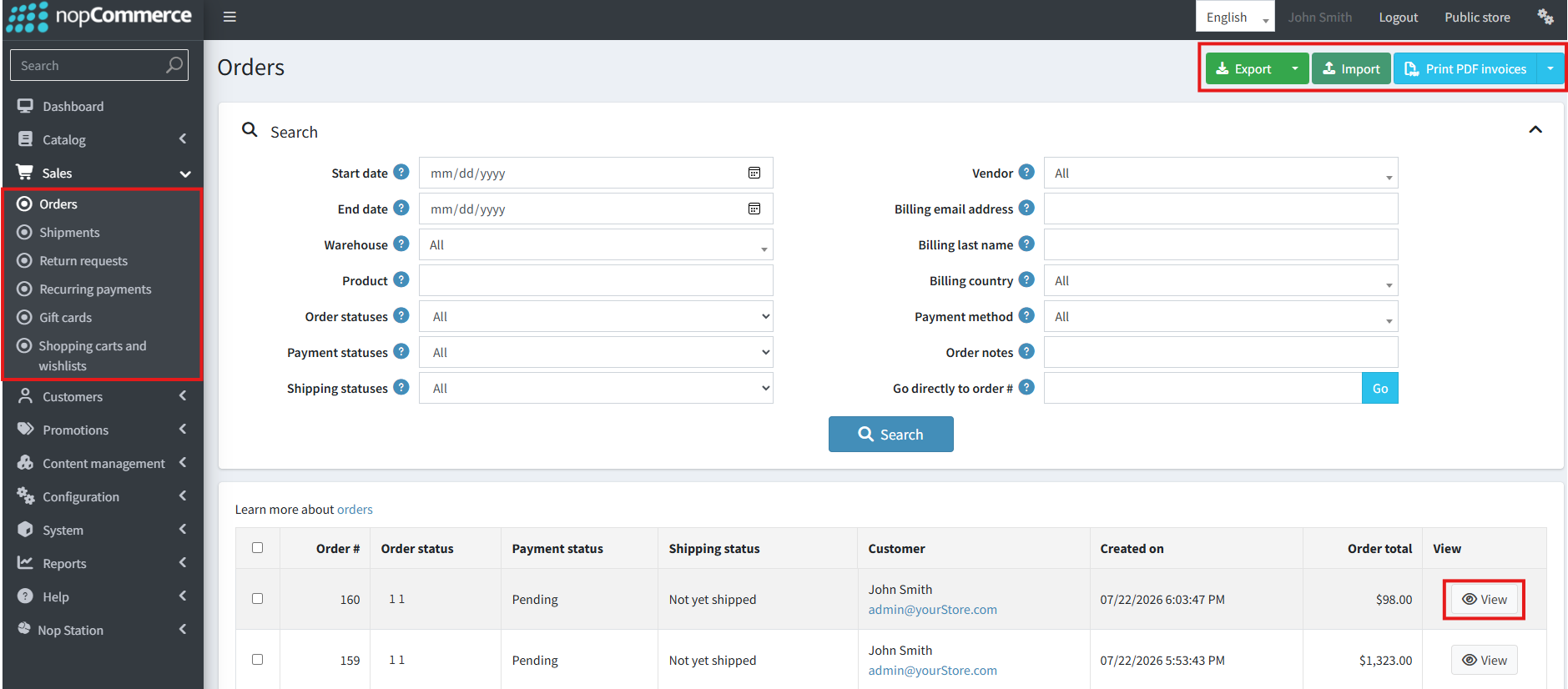 nopCommerce Sales Orders list with export and view actions