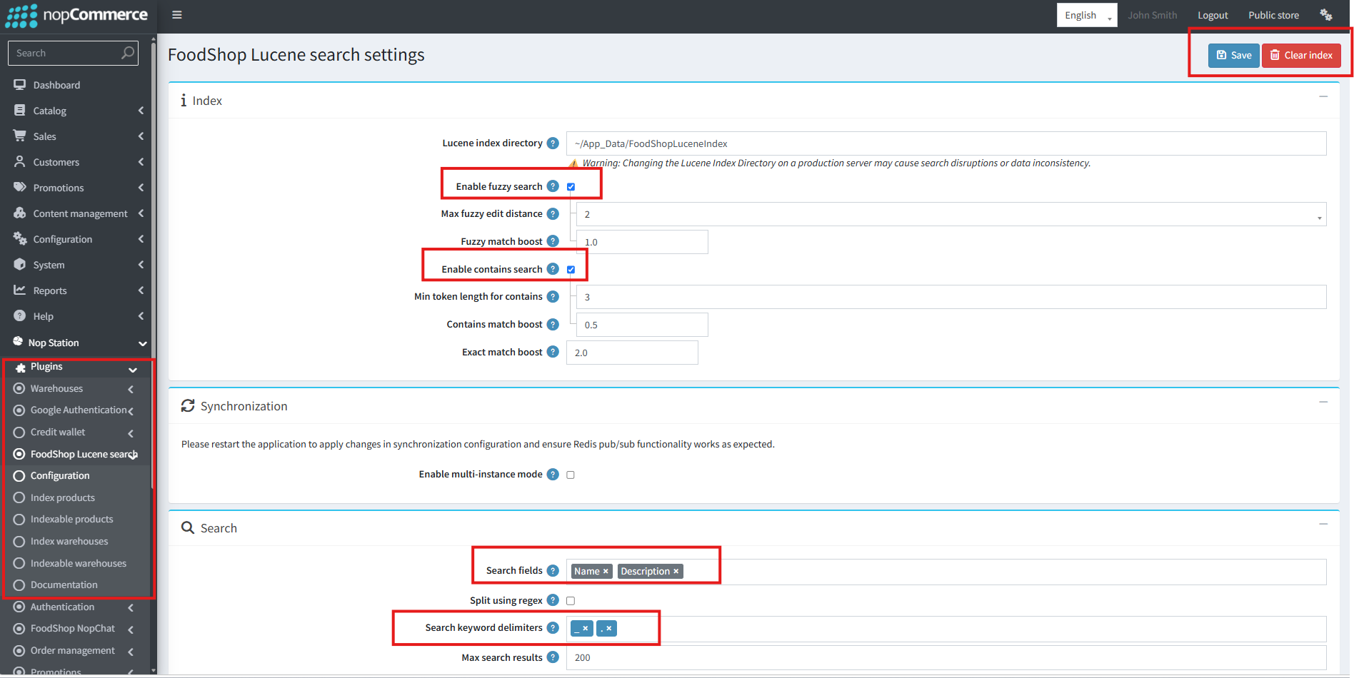 FoodShop Lucene search settings admin screen