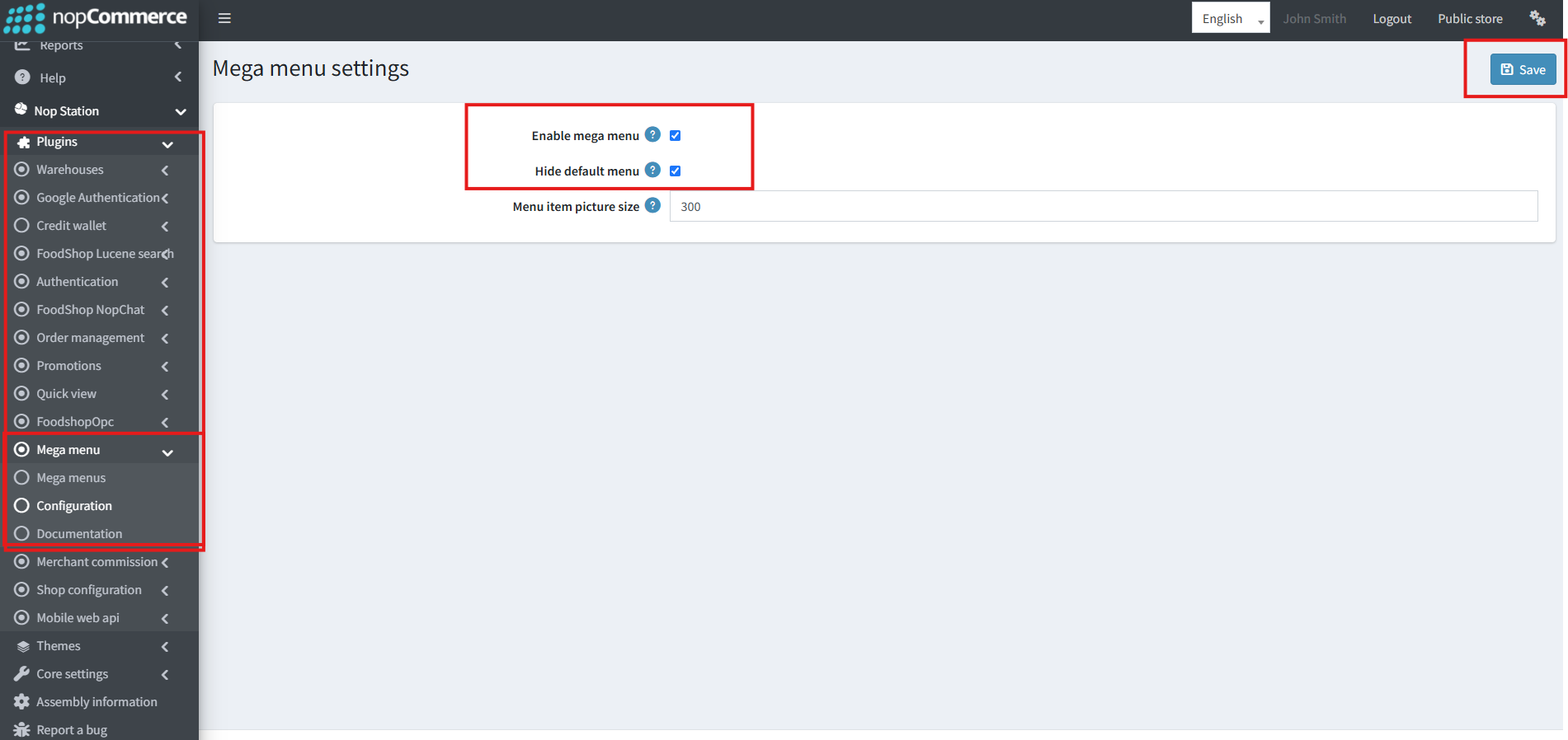 Mega menu settings admin screen with enable and hide default menu options