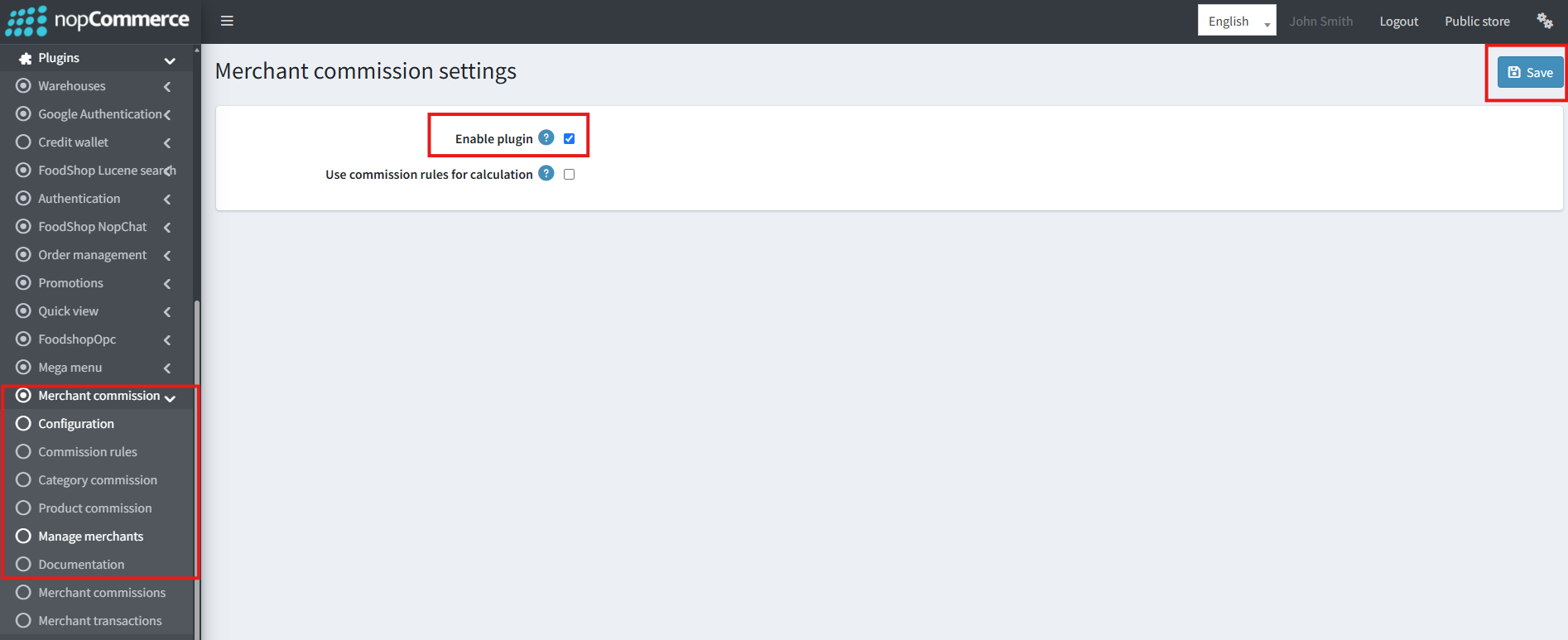 Merchant commission settings admin screen with Enable plugin and commission rules