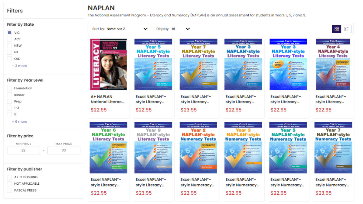Curriculum-aware product listing with state, year level, price, and publisher filters Curriculum-aware product listing with state, year level, price, and publisher filters