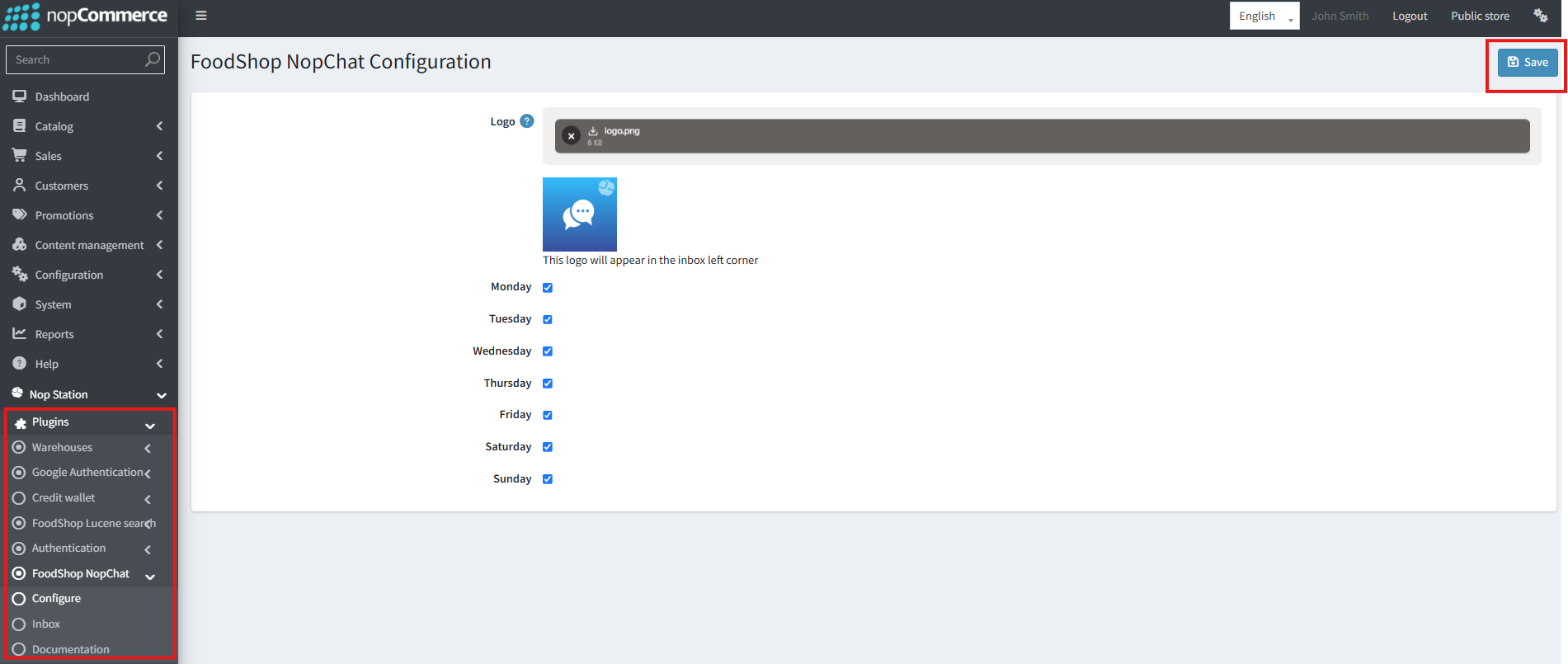 FoodShop NopChat configuration admin screen with logo and weekday flags