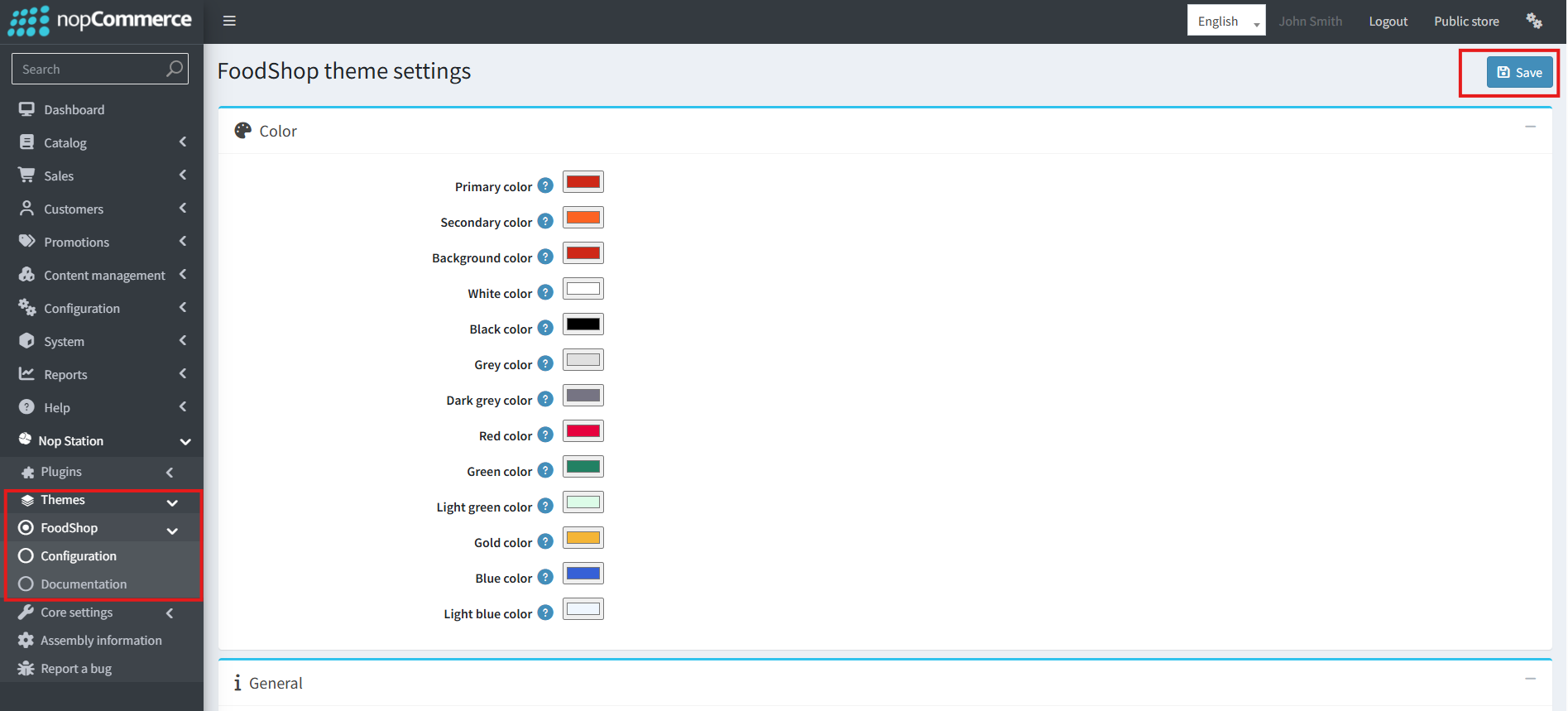 FoodShop theme settings admin screen showing the colour palette
