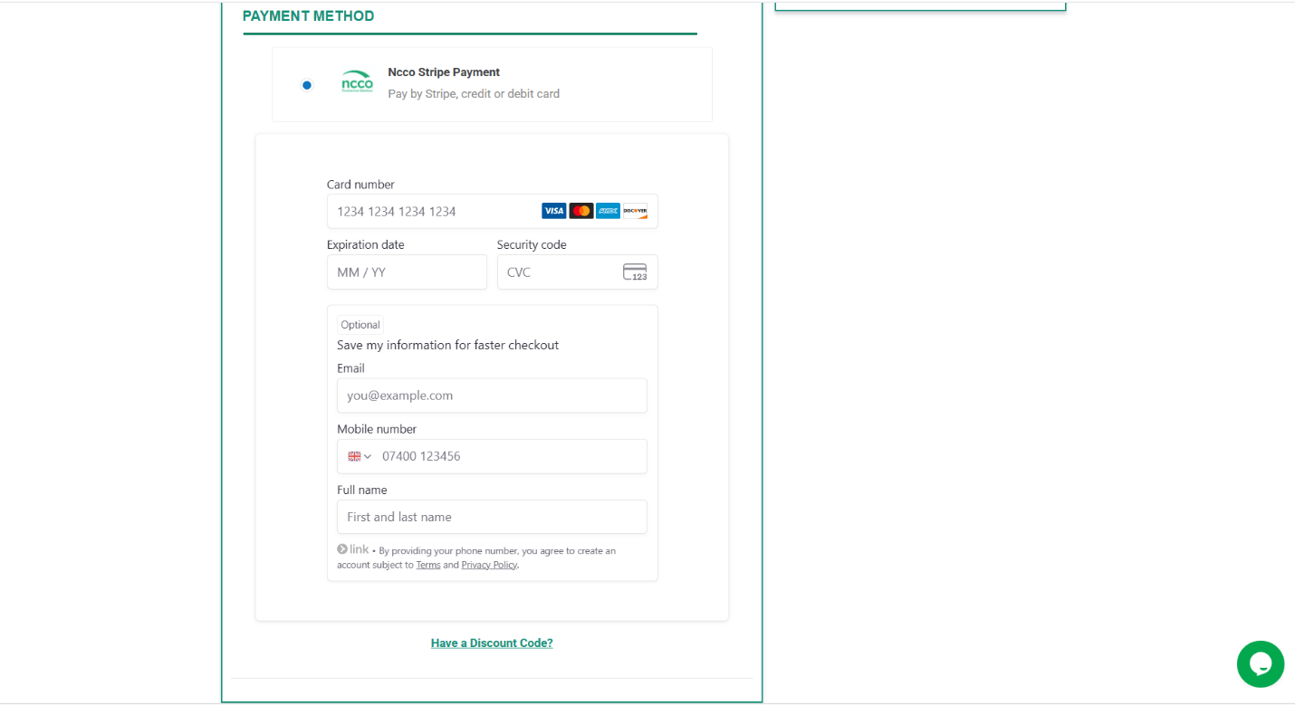 Stripe payment entry within the One Page Checkout