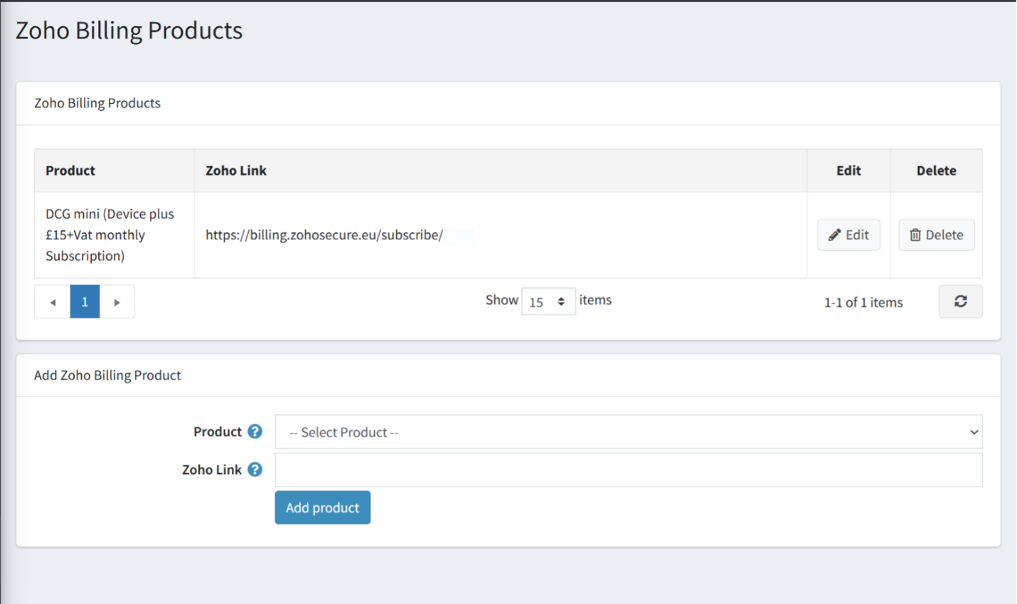 Zoho Billing Products Configuration in admin panel