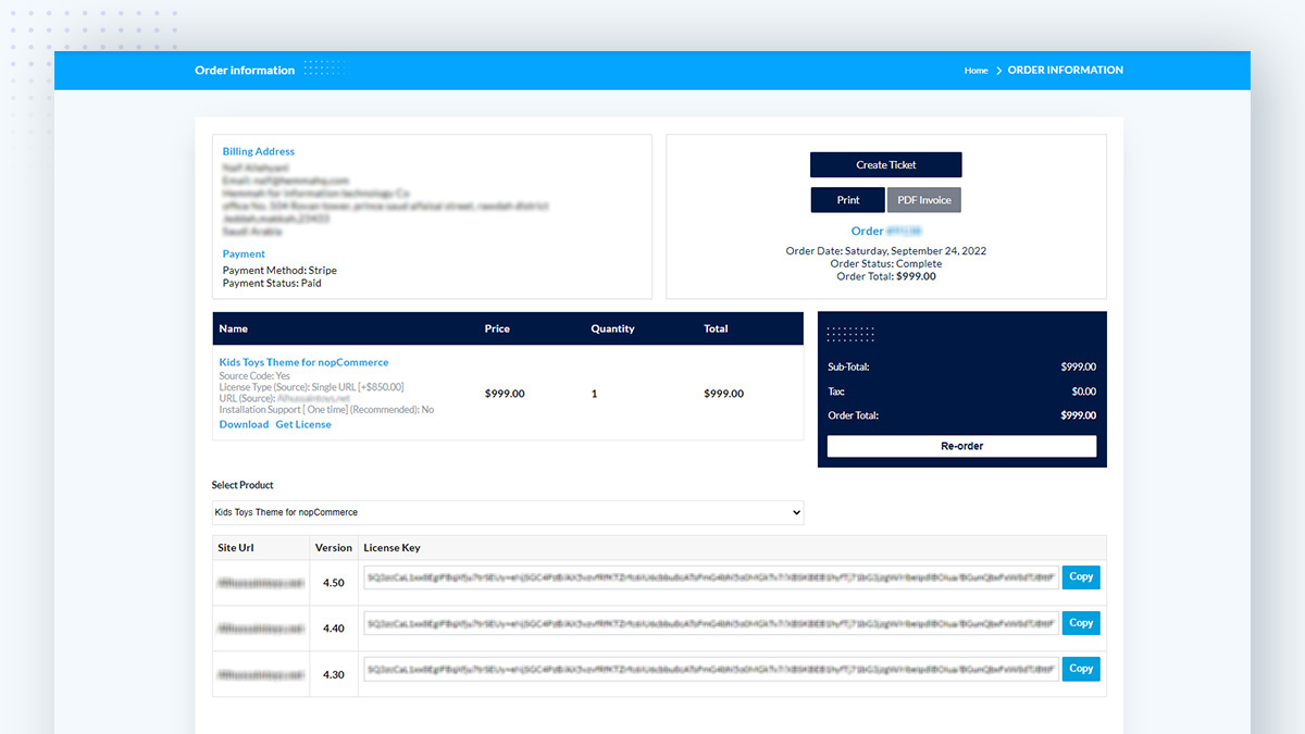 nopStation License Key Info in Order Details Page