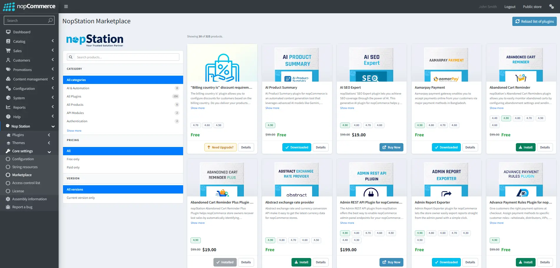 nopStation Marketplace screen inside nopCommerce Admin, showing search, filters, categories and product listings
